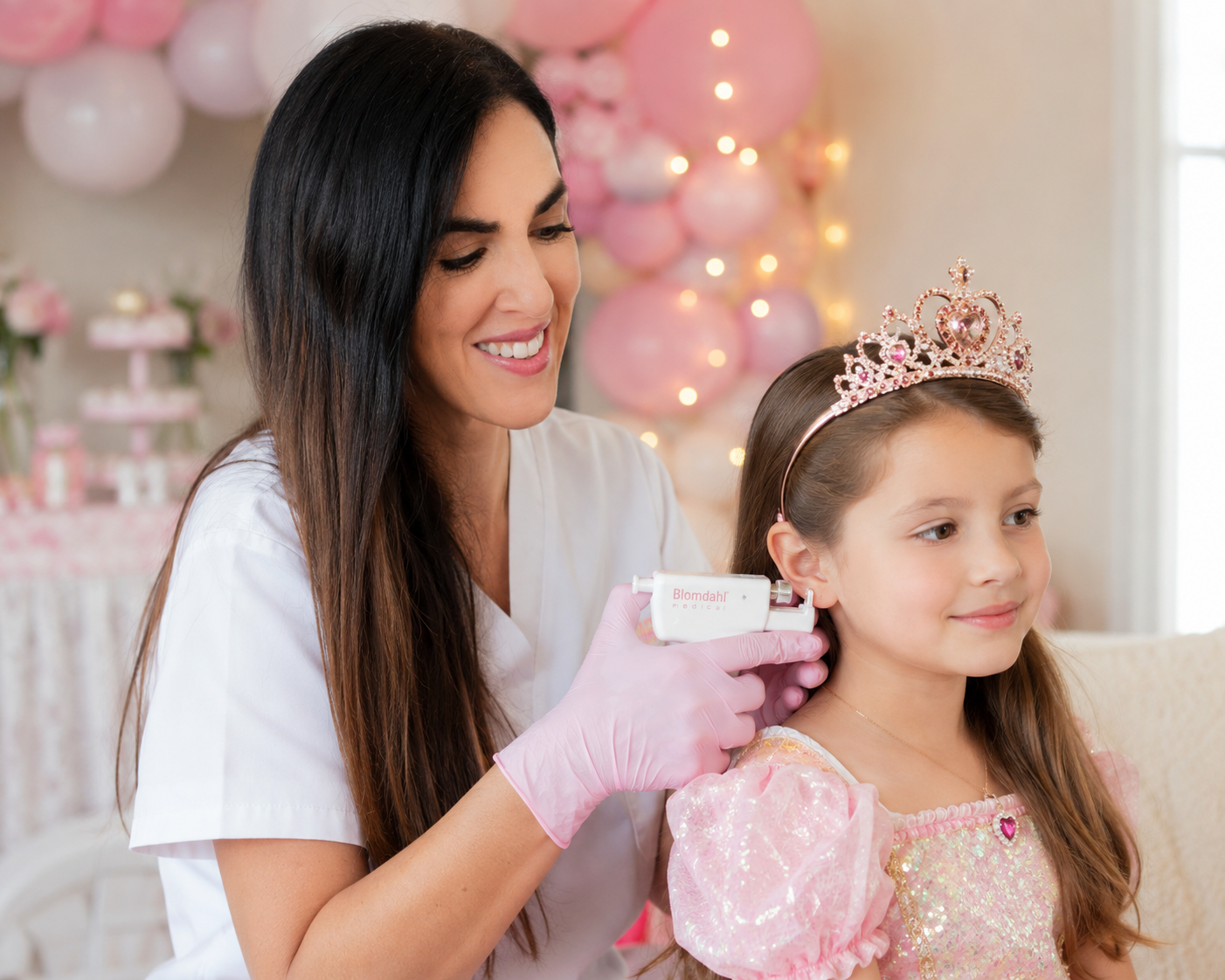 Nurse Shara Amzallag performing a medical ear piercing on a young girl in a home setting